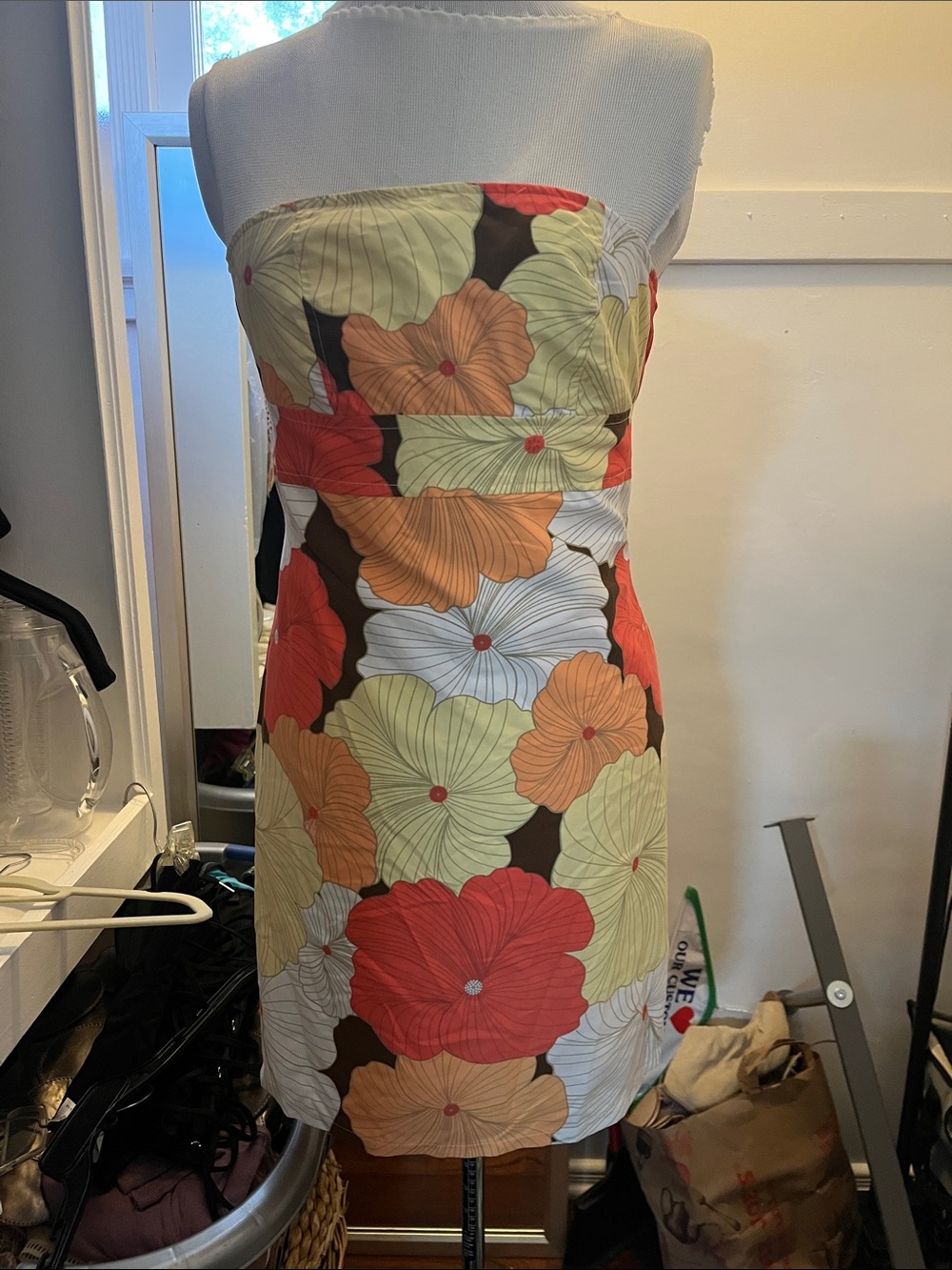 Unlisted Strapless Floral Sheath Dress in Red, Orange, Green, Cream